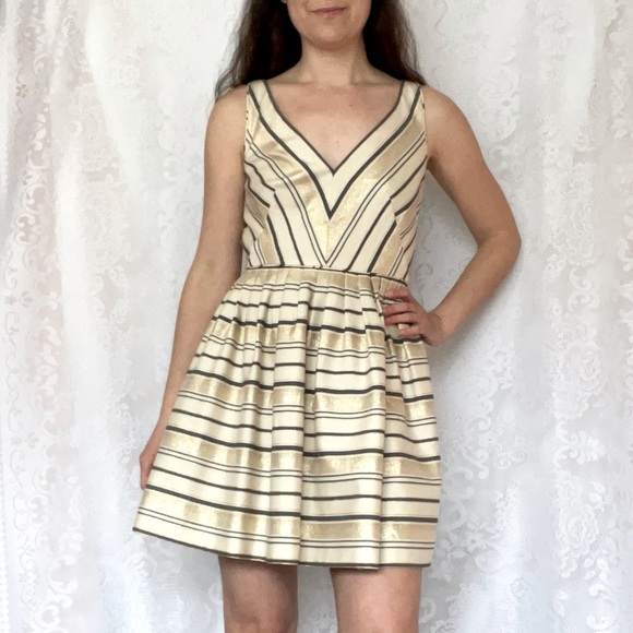Gold and Navy Striped Metallic Skater Dress - Picture 1 of 4